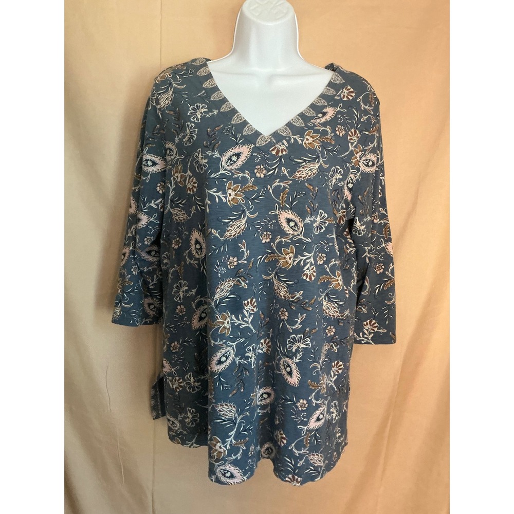 J. Jill Floral Paisley Tunic Top Women Medium Petite Blue Excellent 3/4 Sleeve